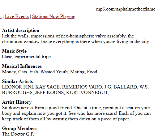 The mp3.com artist page. Music style: "blase, experimental tripe." Sole group member: The Doctor G.P.