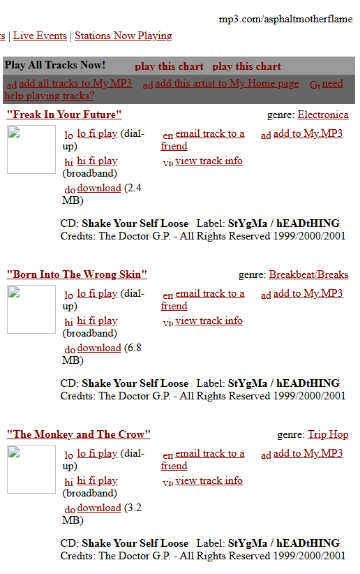 Three Shake Your Self Loose tracks on mp3.com, credited to The Doctor G.P., 1999/2000/2001