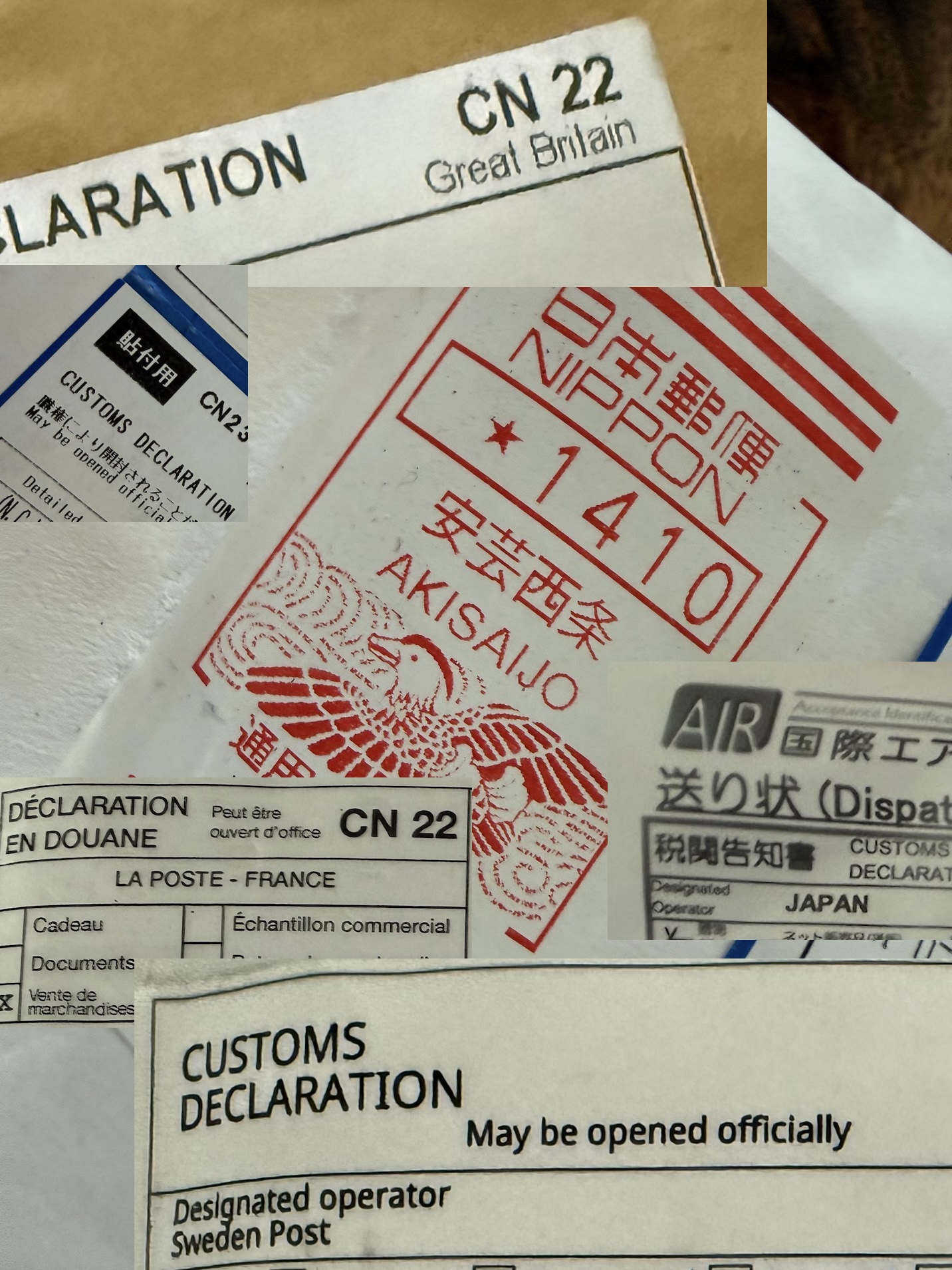 Customs declarations from the imports: Great Britain, Japan, France, Sweden